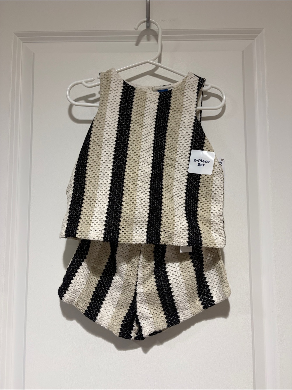 Striped Crochet 2-Piece Tank + Shorts Set in Black and Cream